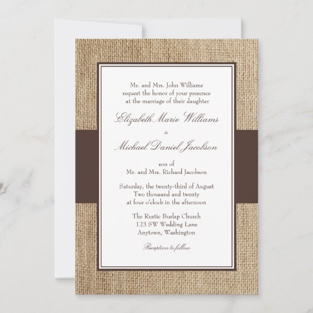 Formal Rustic Burlap Brown Wedding Invitations (Front)