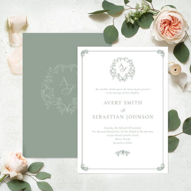 Formal Sage Green Crest Monogram Wedding Invitation (Creator Uploaded)