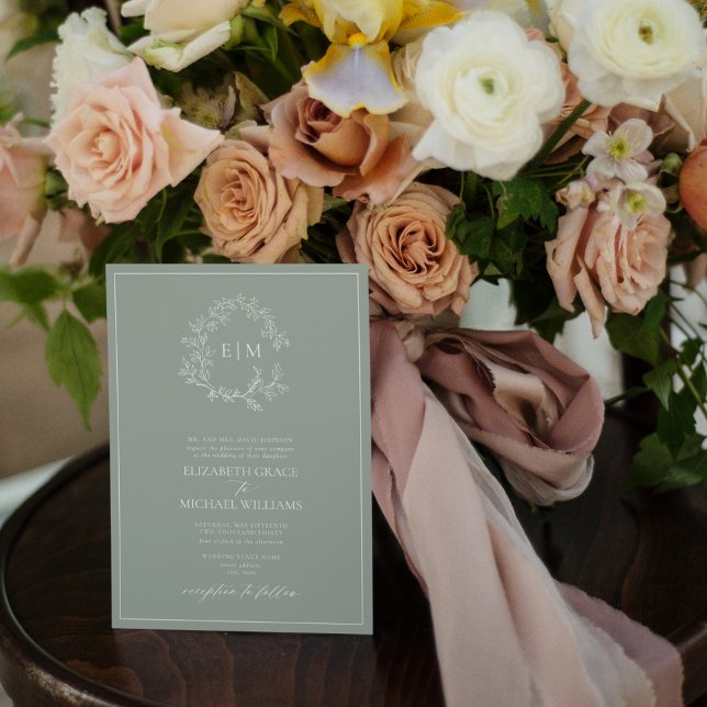 Formal Sage Green Leafy Crest Monogram Wedding Inv Invitation (Creator Uploaded)