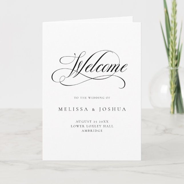 Formal Script Black & White Folded Wedding Program (Front)