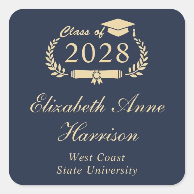 Formal Script Blue Gold Graduation Square Sticker (Front)