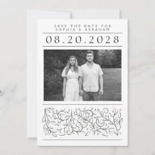 Formal Scrolling Leaves Black and White Photo Save The Date