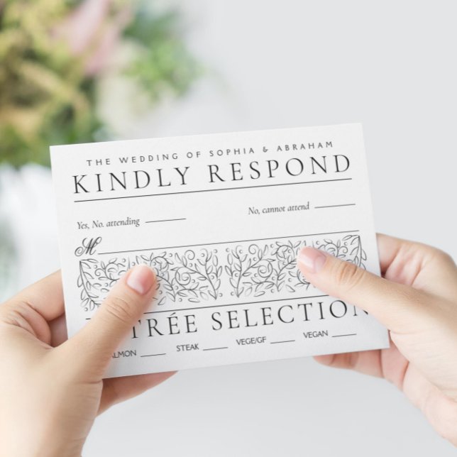 Formal Scrolling Leaves Black and White Wedding RSVP Card (Creator Uploaded)