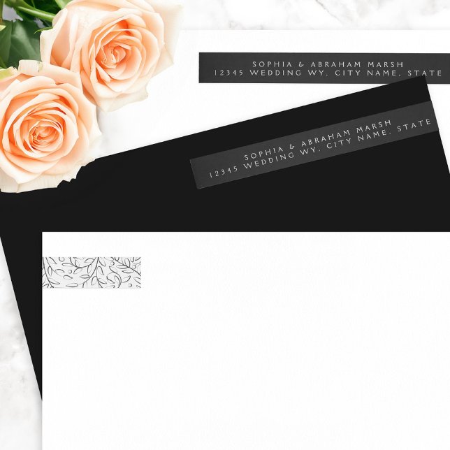 Formal Scrolling Leaves Black and White Wedding Wrap Around Label (Creator Uploaded)
