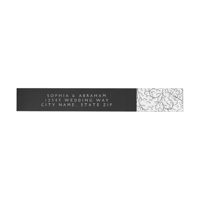 Formal Scrolling Leaves Black and White Wedding Wraparound Address Label (Individual)