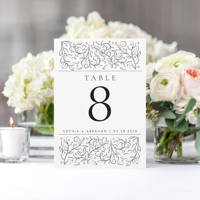Formal Scrolling Leaves Black White Table Number (Creator Uploaded)