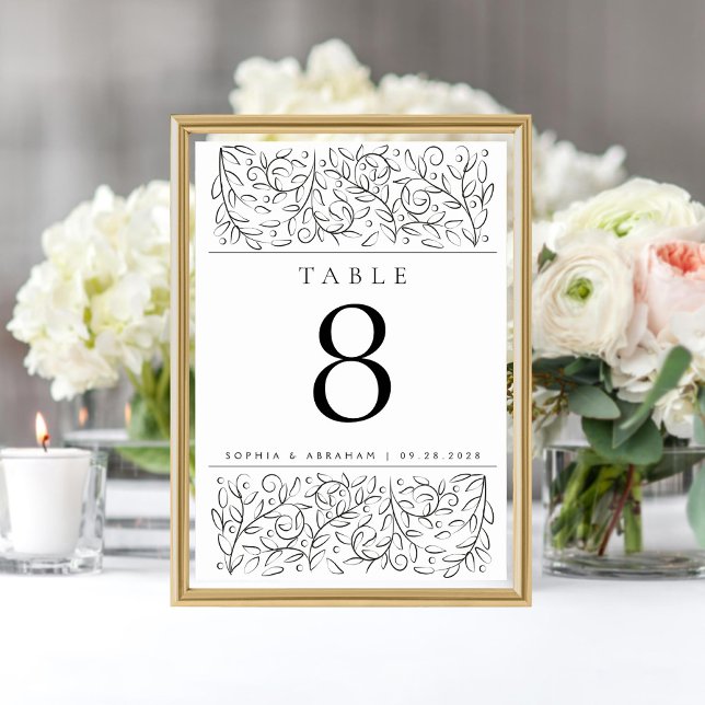 Formal Scrolling Leaves Black White Table Number (Creator Uploaded)
