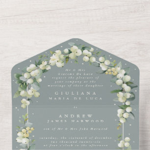 Formal Seafoam Green Snowberry+Eucalyptus Wedding All In One Invitation