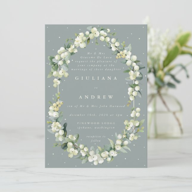 Formal Seafoam Green Snowberry+Eucalyptus Wedding Invitation (Standing Front)