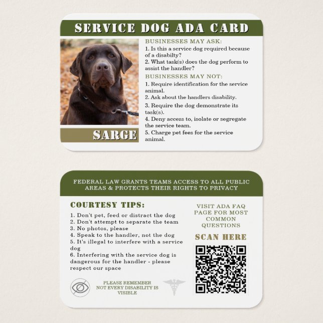 Formal Service Dog ADA Cards Photo ID Badge (Front & Back)