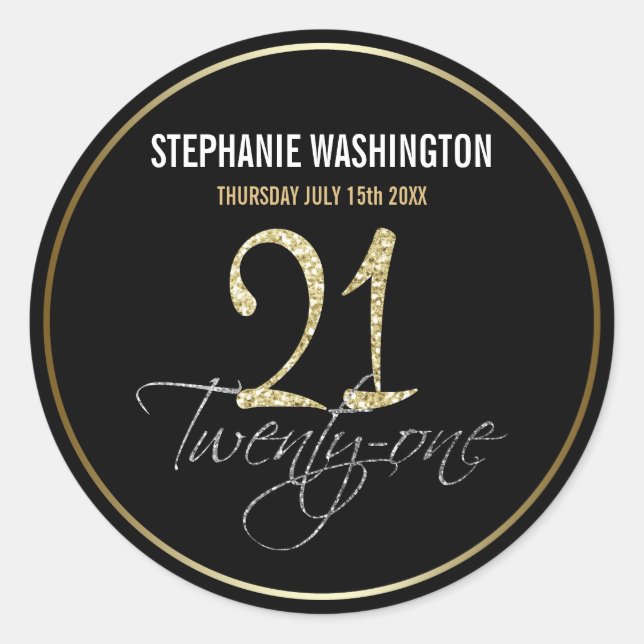 Formal Silver, Black & Gold 21st Birthday Party Classic Round Sticker (Front)
