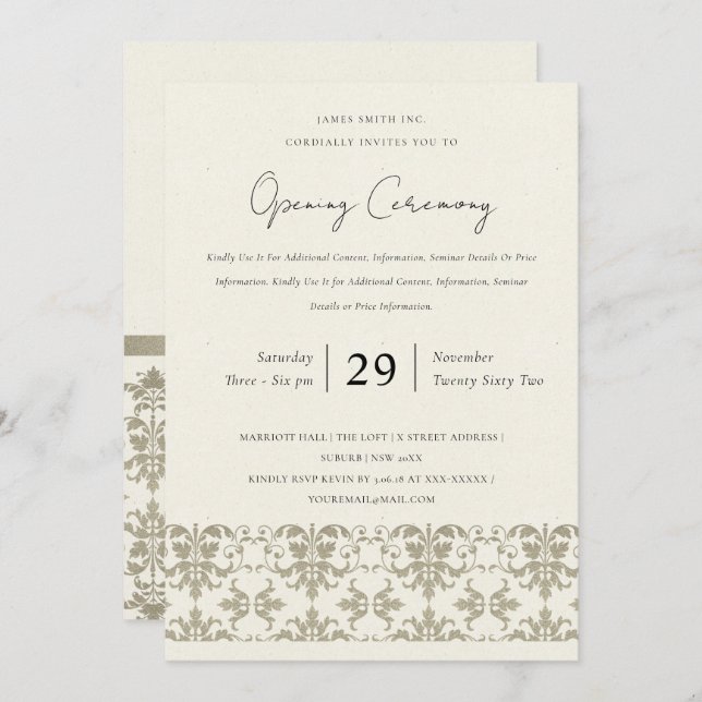 FORMAL SILVER DAMASK GRAND OPENING CEREMONY INVITATION (Front/Back)