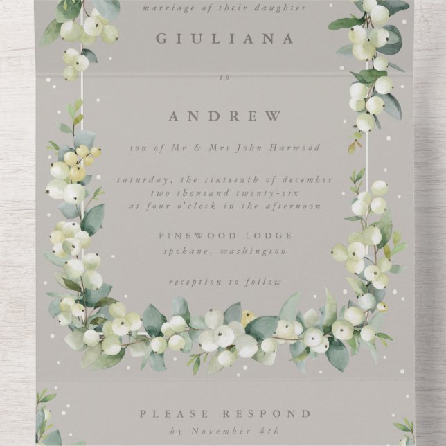 Formal Taupe Snowberry+Eucalyptus Winter Wedding All In One Invitation (Inside Middle)