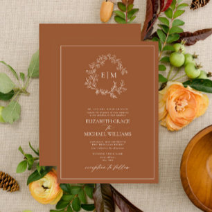 Formal Terracotta Leafy Crest Monogram Wedding Invitation