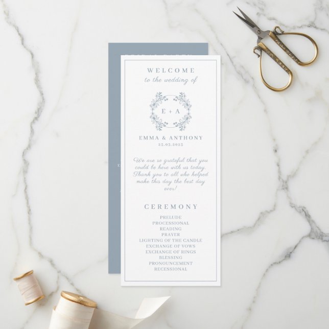 Formal Vintage Dusty Blue Monogram Wedding Program (Front/Back In Situ)