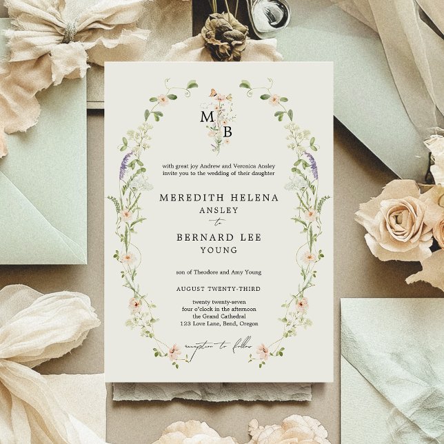 Formal Vintage Rustic Wildflower Monogram Wedding Invitation (Creator Uploaded)