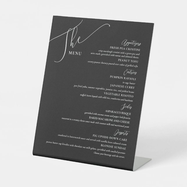 Formal Wedding Menu Elegant White on Black Pedestal Sign (Front)