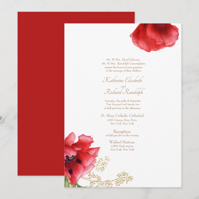 Formal Wedding Red Floral & Gold Invitation (Front/Back)