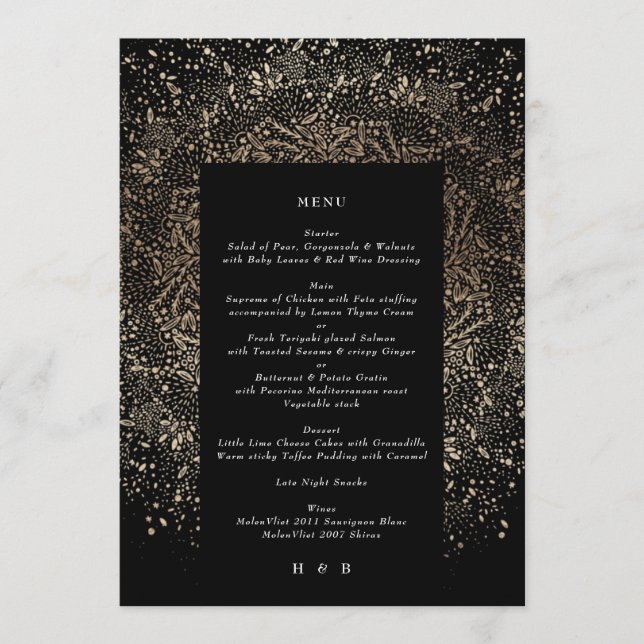 Formal Whimsical Hand Drawn Black and Gold Wedding Menu (Front)