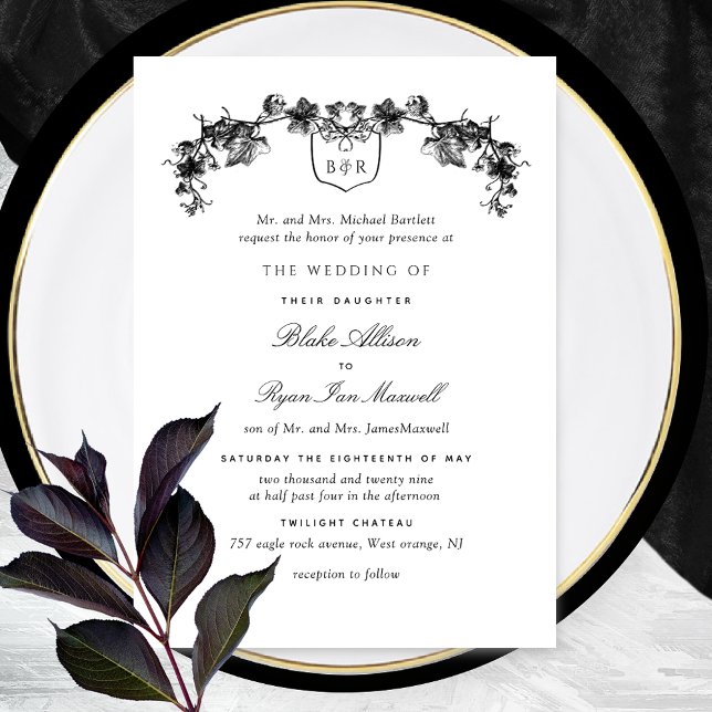 Formal White and Black Enchanting Monogram Wedding Invitation (Creator Uploaded)