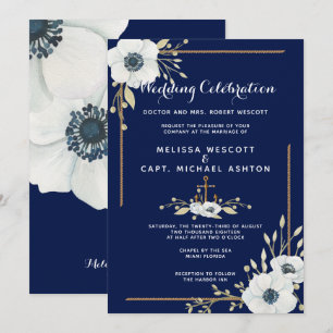 Formal White Anemone Nautical Navy Wedding Invitation