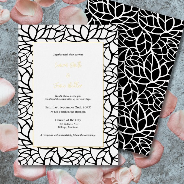 Formal White & Black Abstract Leaf Pattern Wedding (Formal White & Black Abstract Leaf Pattern Wedding Foil Invitation)