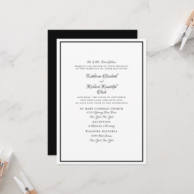 Formal White & Black Wedding Elegant Script Invitation (Front/Back In Situ)