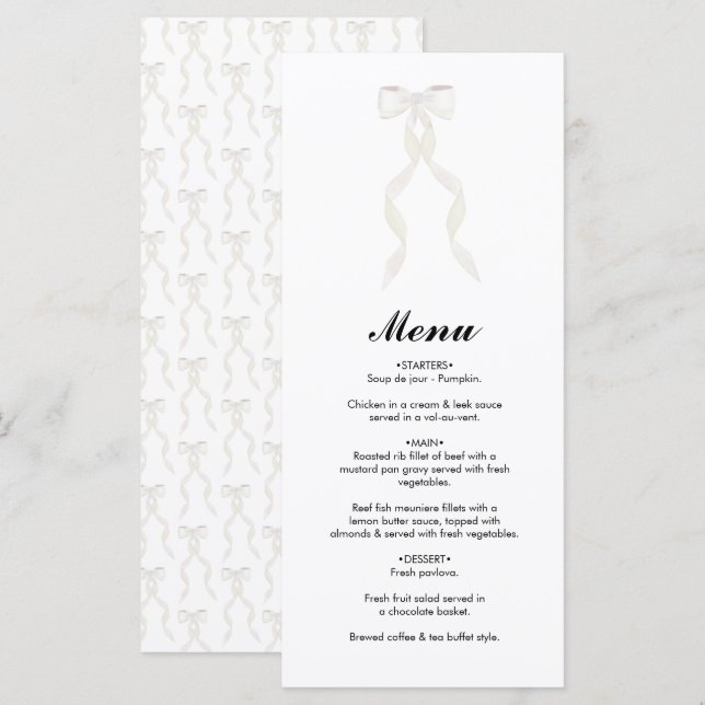Formal White Bow Ribbon Elegant Wedding Menu (Front/Back)
