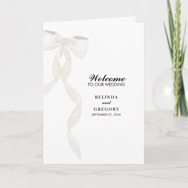 Formal White Bow Ribbon Wedding Order of Service Program (Front)