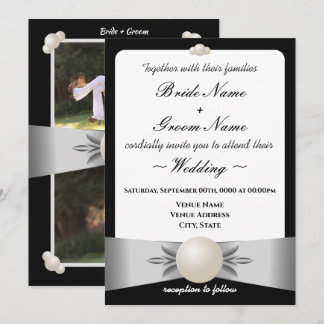 Formal White Ribbon Pearl Photo Wedding Invitation