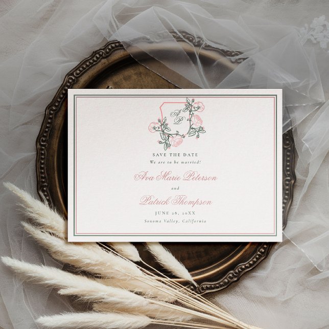 Formal Wild Roses Crest Preppy Pink Wedding Save The Date (formal wedding save the date modern classic traditional wild roses floral crest pink green preppy)