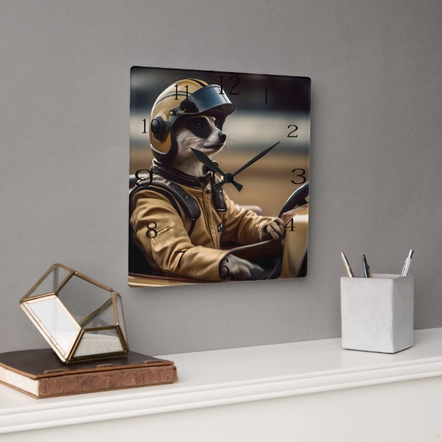 Formula Fun: Professional Meerkat Race Car Driver Square Wall Clock (Office)