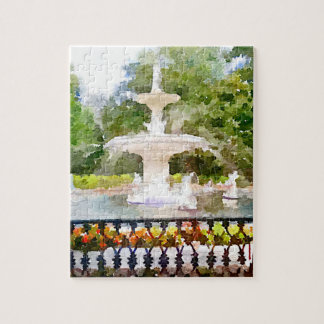 Forsyth Fountain in Savannah GA Watercolor Print Jigsaw Puzzle