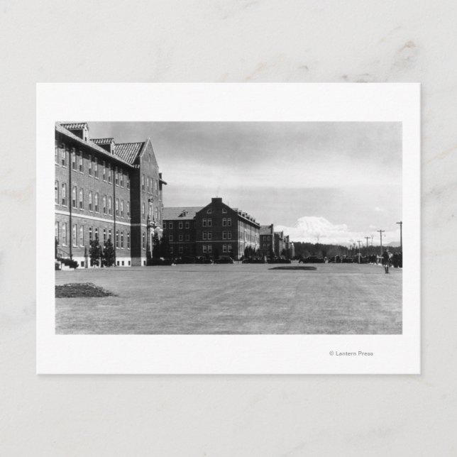 Fort Lewis, WA View of Barracks and Mt. Rainier Postcard (Front)