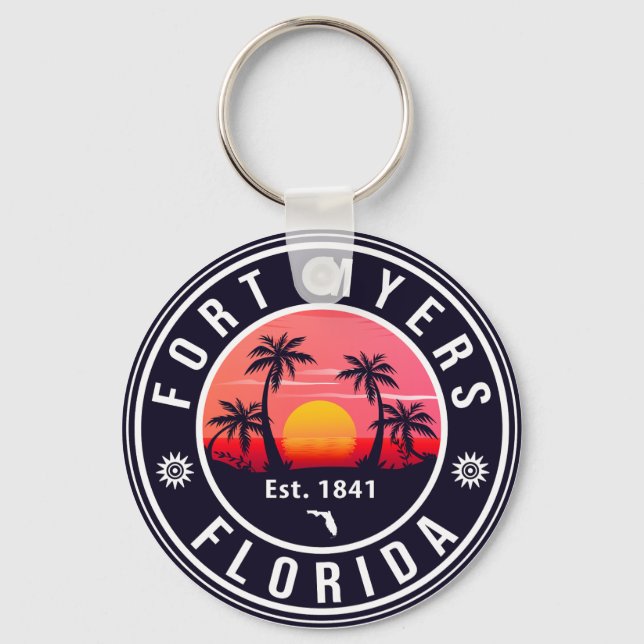 Fort Myers Beach Florida Retro Sunset Souvenirs Keychain (Front)