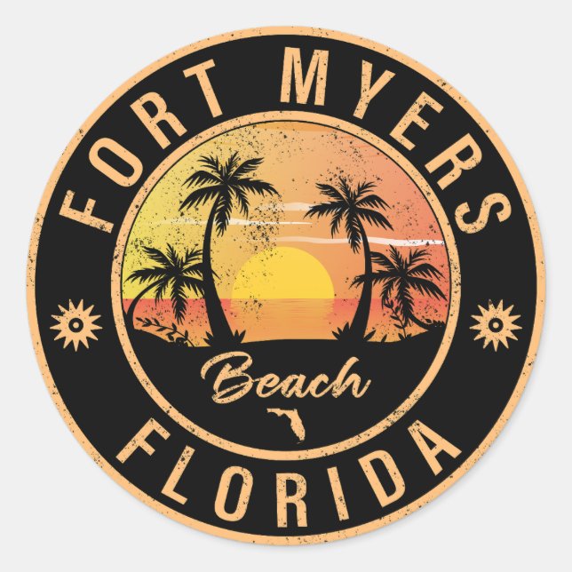 Fort Myers Beach Retro - Florida Retro Sunset Classic Round Sticker (Front)