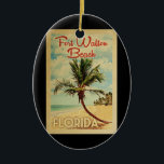 Fort Walton Beach Palm Tree Vintage Travel<br><div class="desc">A uniquely retro mid-century modern Fort Walton Beach Florida art print in vintage travel poster style. It features a curved palm tree on sandy beach with ocean under a blue cloudy sky.</div>