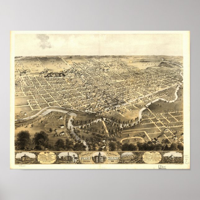 Fort Wayne Indiana 1868 Antique Panoramic Map Poster (Front)