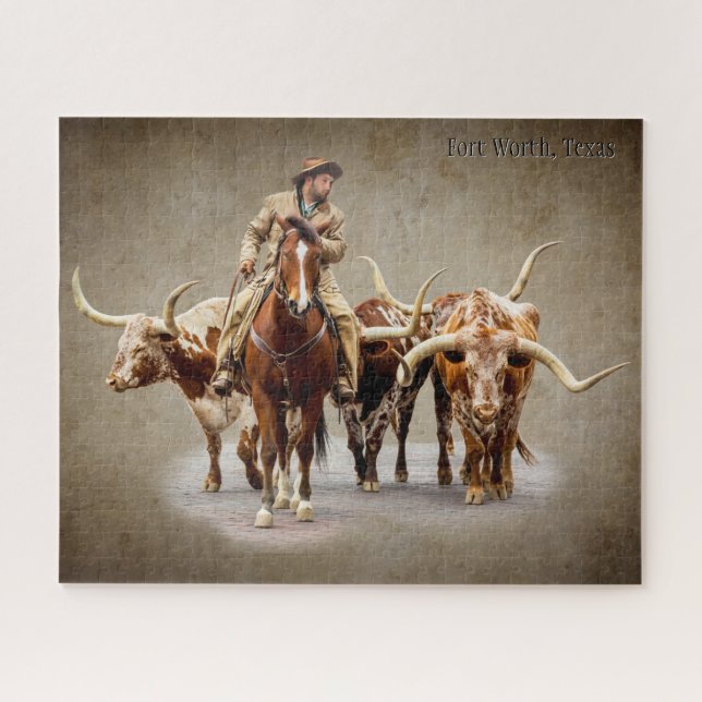 Fort Worth Cattle Drive on Textured Sepia Jigsaw Puzzle (Horizontal)