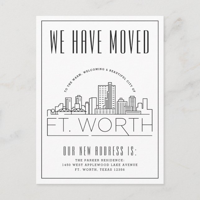 Fort Worth Moving Announcement | Stylized Skyline  Postcard (Front)