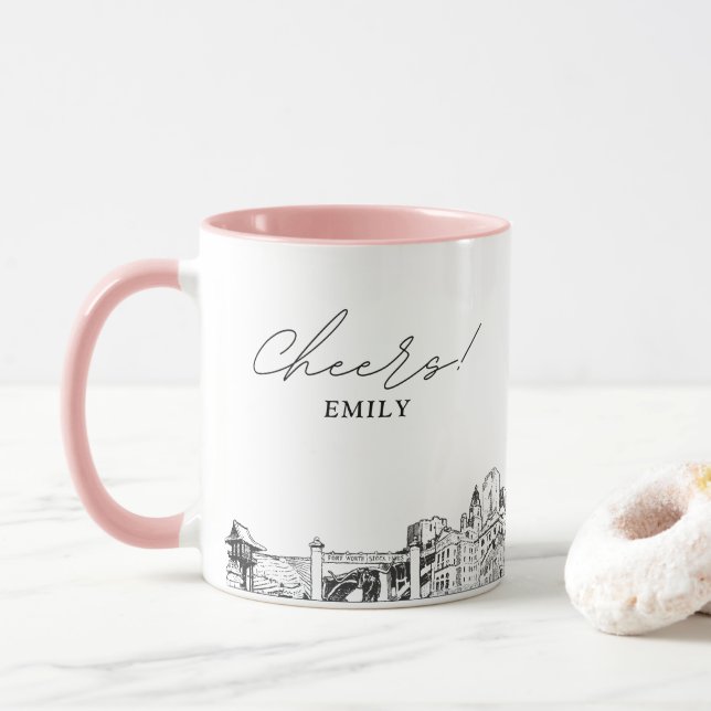 Fort Worth Skyline Personalized Wedding Coffee Mug (With Donut)