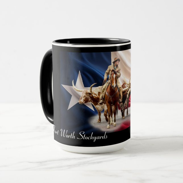 Fort Worth Stock Yards Texas Drapeau sur noir, Mug (Devant gauche)