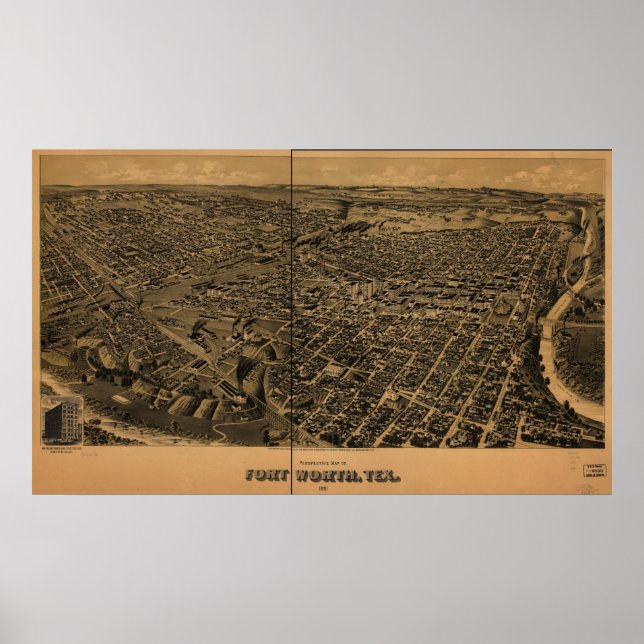 Fort Worth Texas 1891 Antique Panoramic Map Poster (Front)