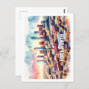 Fort worth Texas Famous Travel Places watercolor Postcard