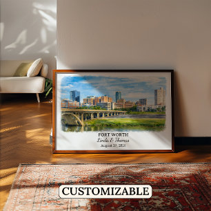 Fort Worth Texas Poster, Watercolor, Custom Poster