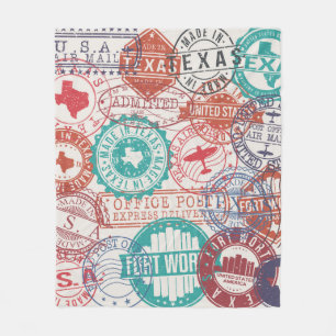 Fort Worth Texas Set of Stamps. Travel Stamp. Made Fleece Blanket