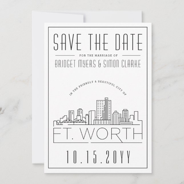 Fort Worth Wedding Stylized Skyline Save the Date Invitation (Front)