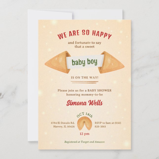Fortune Cookie It's Baby Boy Cute Shower Sprinkle Invitation (Front)