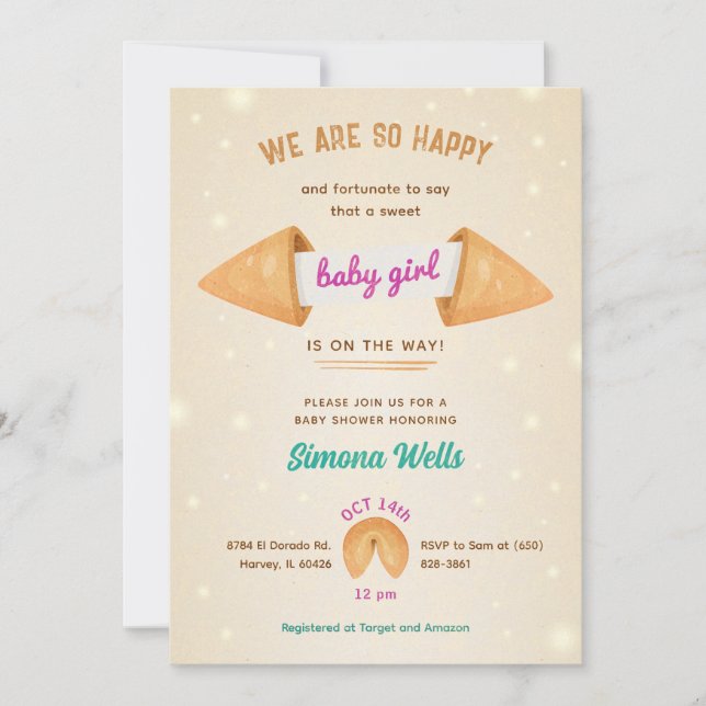 Fortune Cookie It's Baby Girl Cute Shower Sprinkle Invitation (Front)