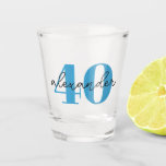 Forty 40th birthday age modern script  shot glass<br><div class="desc">Personalized 40th birthday shot glass with blue age text and modern script name.  Colours and fonts can be changed if required.</div>